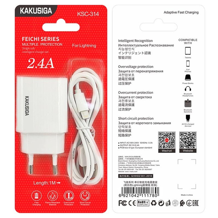 Kaku hálózati adapter (KSC-314) + Lightning kábel, 18W, 2.4A, 1xUSB-A, QC 3.0, fehér
