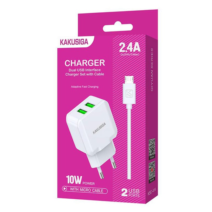 Kaku hálózati töltő + MicroUSB kábel, 10W, 2.4A, 2xUSB-A, QC 3.0, FEHÉR