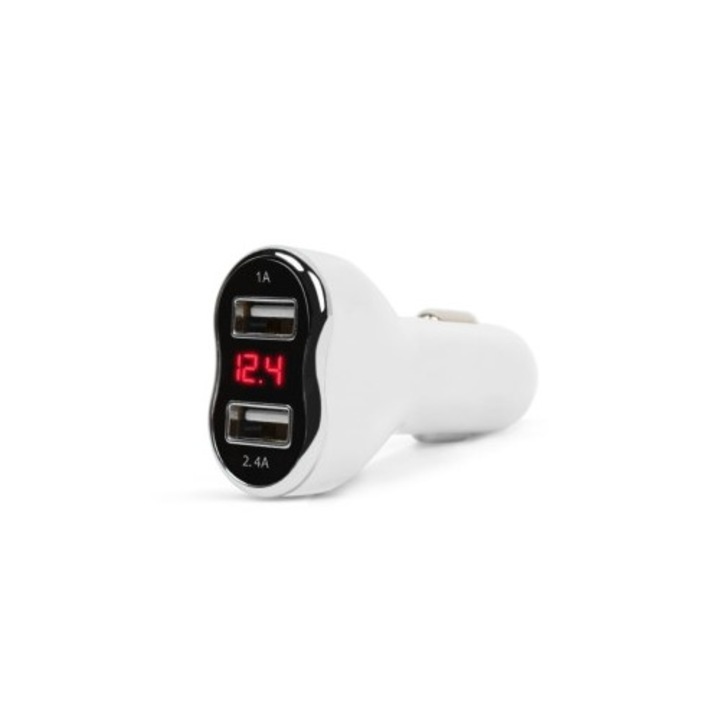 Adaptor de incarcare cu conectare la bricheta auto 2 x USB, cu voltmetru si ampermetru Alb