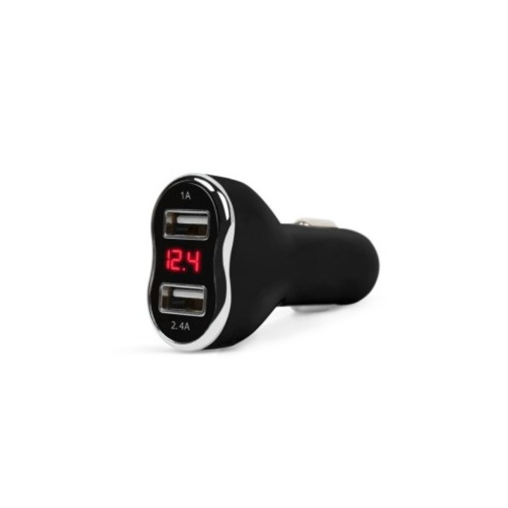 Adaptor de incarcare cu conectare la bricheta auto 2 x USB, cu voltmetru si ampermetru Negru