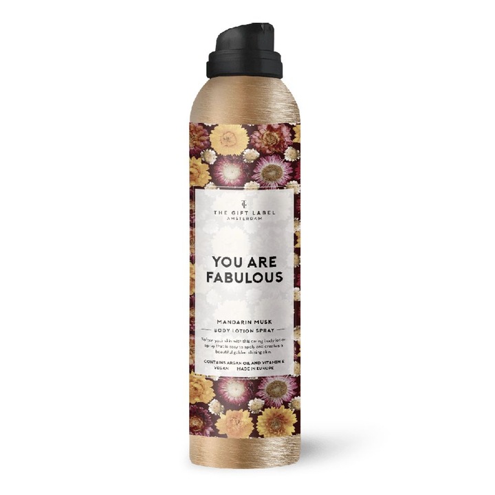 The Gift Label testápoló spray, Your Are Fabulous, vegán, grépfrút és borostyán jegyek, szulfát- és színezékmentes, hidratált és bársonyos bőrt hagy, könnyen felvihető, 200 ml