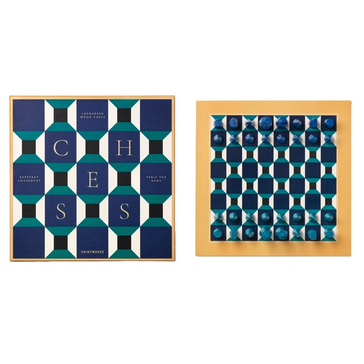 Joc de sah Printworks, Athena, colectia Lacquered Chess, tabla de sah clasica 35 x 35 cm, cutie de prezentare eleganta, material lemn, ideal cadou, albastru/verde