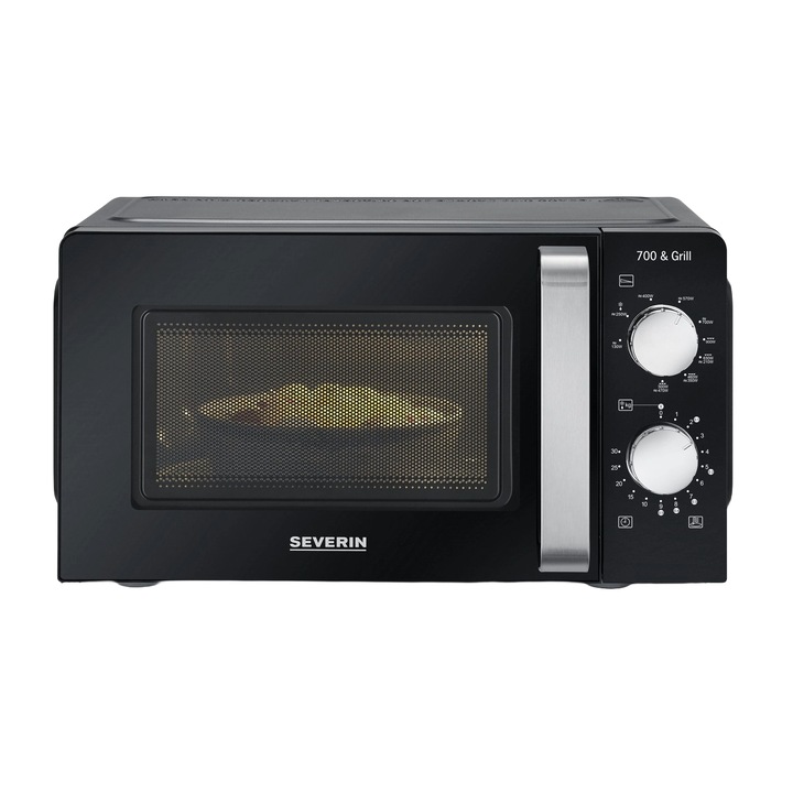 Cuptor cu microunde Severin, capacitate 17 litri, platou rotativ 24.5 cm, 9 trepte de putere, functie dezghetare, timer, semnal acustic, lumina interioara, carcasa otel inoxidabil, usor de curatat, negru
