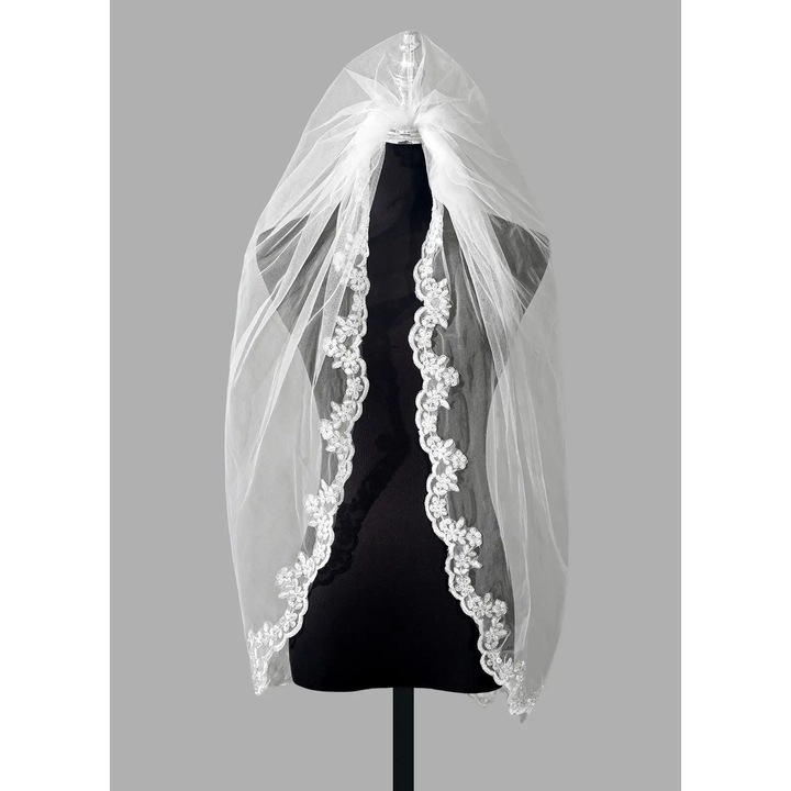 Сватбен воал, 1 слой, дантела на цветя, метален гребен, 90 см