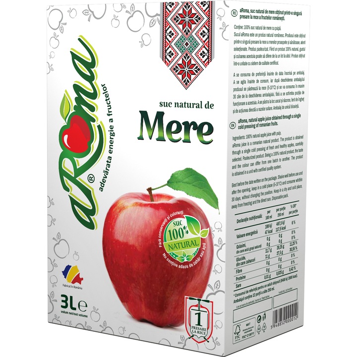 Suc de mere 3L, 100% natural, presat la rece, fara zahar adaugat, fara conservanti, aRoma