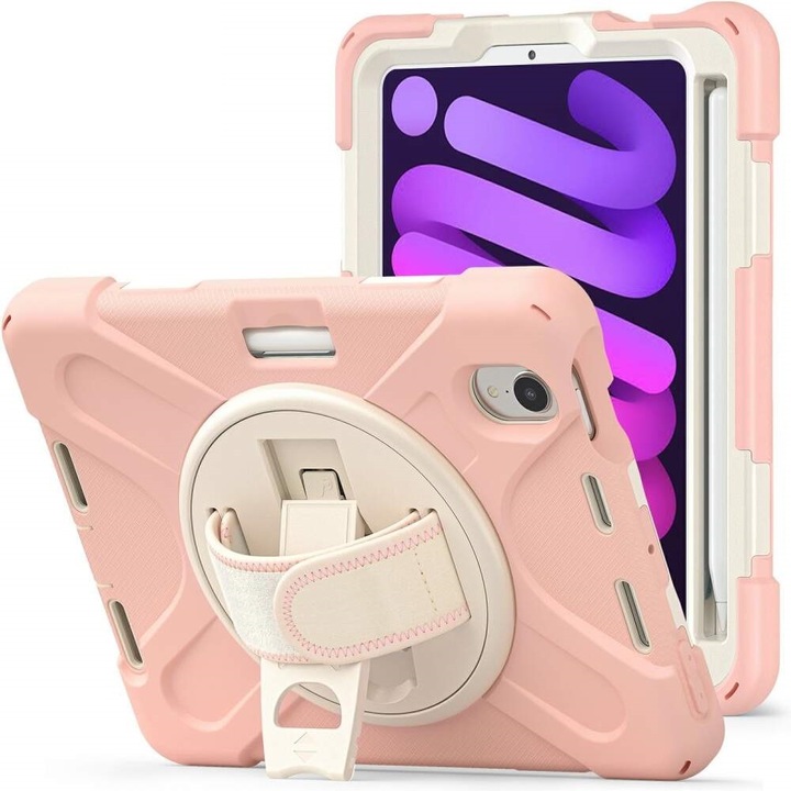Husa de protectie pentru tableta Apple iPad Mini 6(2021), cu bareta si stand, margini intarite, TPU, Roz