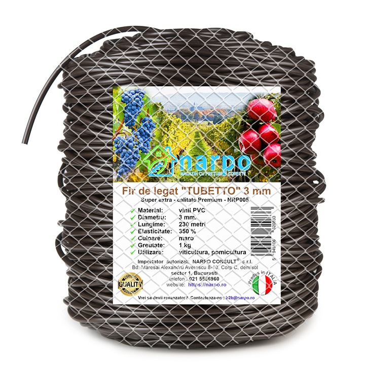 Fir de legat din plastic PVC, TUBETTO, 3 mm, 230 metri, 1 kg, maro, foarte elastic, NRP005