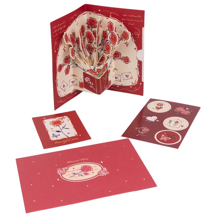 Felicitare 3D stil handmade model floral - rosu - 15x10cm, Createur