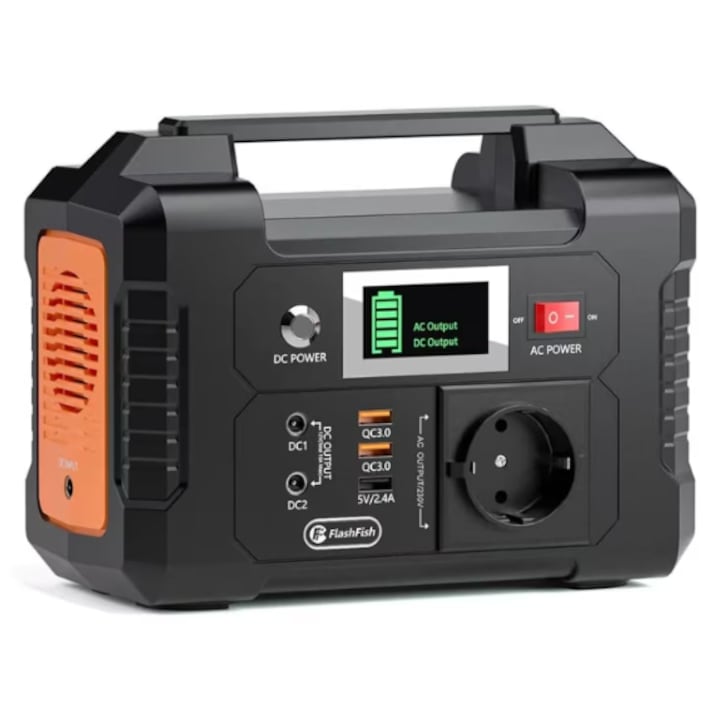 Generator portabil (baterie externa) FlashFish, capacitate 40800 mAh, putere 200W, 3 usb, 2 DC, o priza EU, pentru drumetii, autonomie 8-10 h