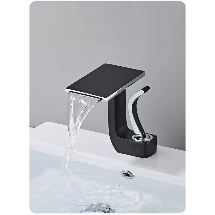 Смесител за мивка за баня, водопад от премиум клас, едноръкохватков, минималистичен дизайн, включени връзки, неръждаема стомана, здрав и издръжлив, устойчив на ръжда и корозия, лесен за инсталиране, SMARTGADGETS C&A, черно сребристо, 15 CM
