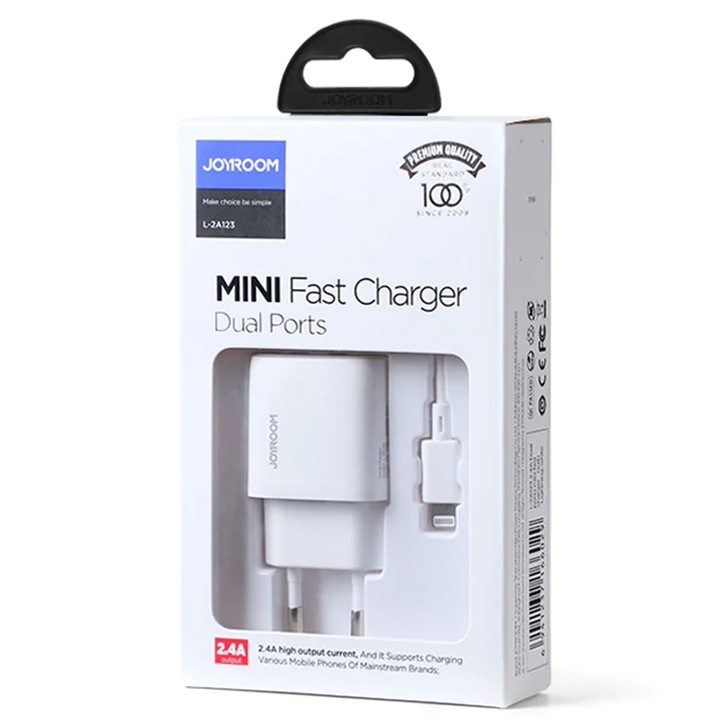 Joyroom hálózati töltő + villámkábel, 12W, 2,4A, 2xUSB-A, QC 3.0, FEHÉR
