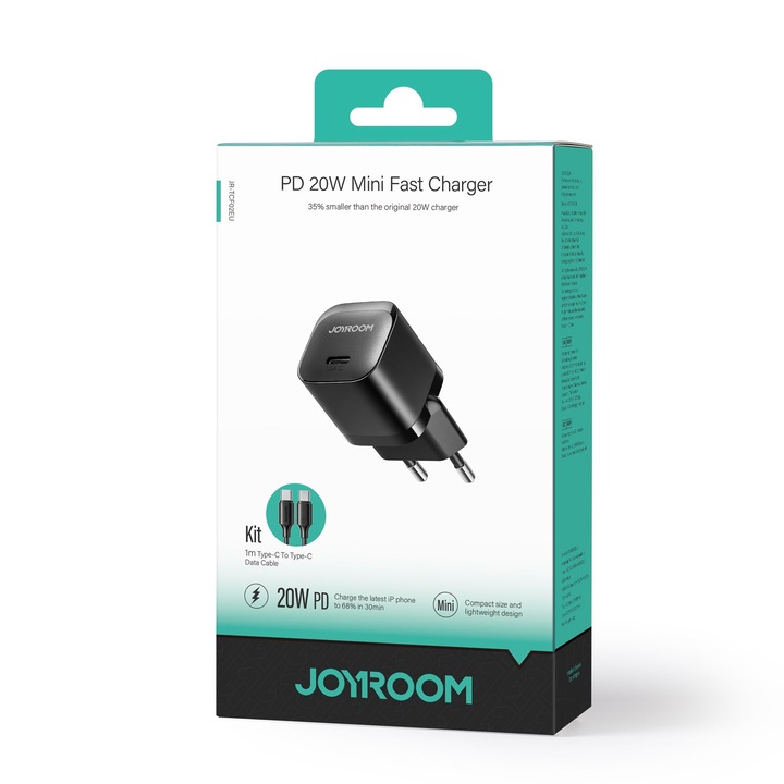 Joyroom hálózati adapter + USB-C kábel, 20 W, 1xUSB-C, PD, kompakt, fekete
