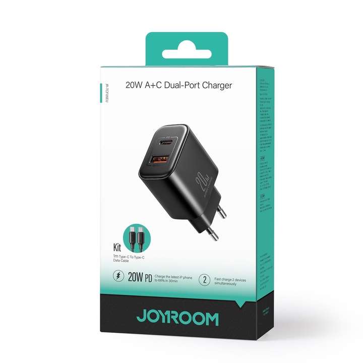 Joyroom hálózati töltő + USB-C kábel, 20 W, 1xUSB-C, 1xUSB-A, PD, QC 3.0, FEKETE