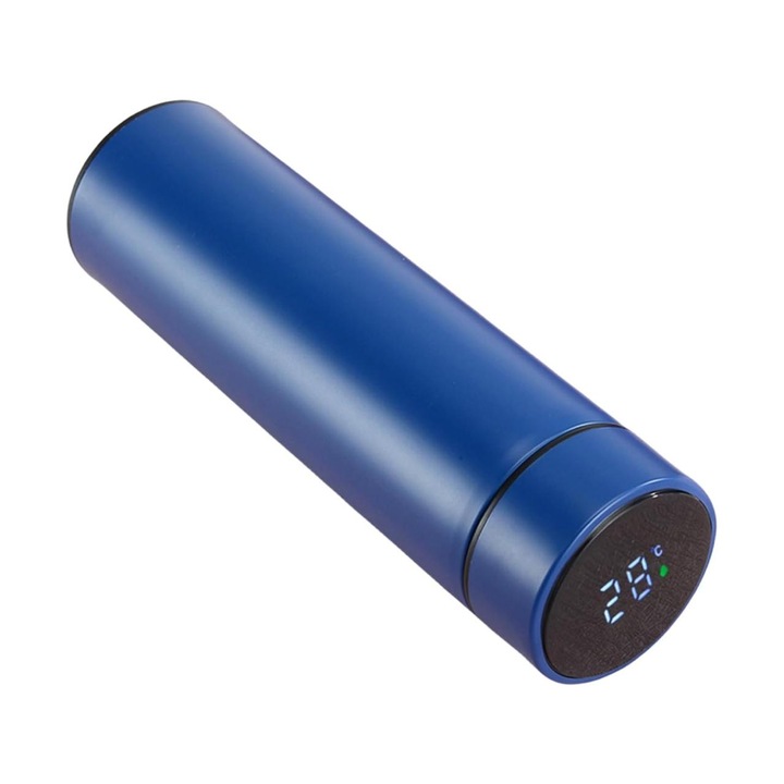 Intelligens termosz LED hőmérséklet kijelzővel, 500 ml, Inox-T7, Prémium minőségű acél, Intelligens, 22,5 x 6,5 cm, Akár 6 órán keresztül melegen tartja az italokat, kék, HAPPY JOKER®