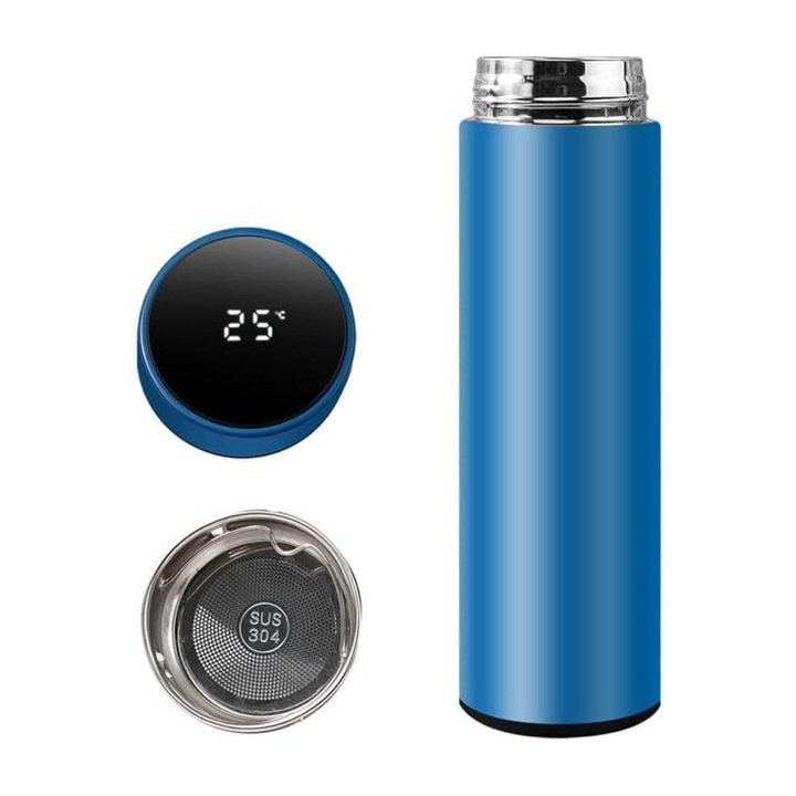 Intelligens termosz LED hőmérséklet kijelzővel, 500 ml, Rozsdamentes acél, Prémium minőség, Intelligens, 22,5 x 6,5 cm, Akár 6 órán át melegen tartja az italokat, Kék, HAPPY JOKER®