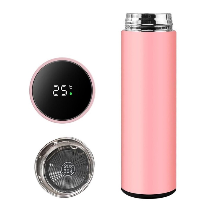 Termos smart cu afisaj LED temperatura, 500 ml, Otel inoxidabil, Calitate Premium, Inteligent, 22, 5 x 6, 5 cm, Mentine bauturile calde pana la 6 ore, roz deschis, HAPPY JOKER®