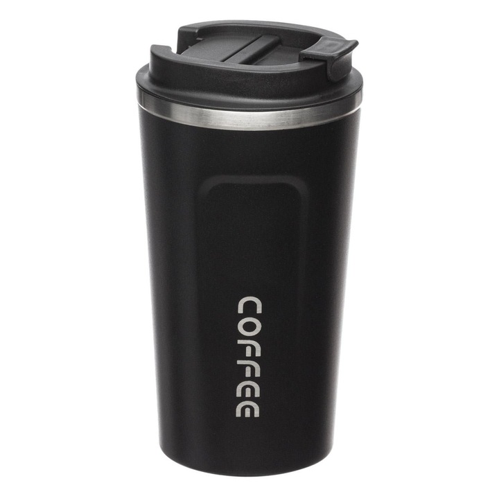 Pahar Termos Shopiens® Metalic Negru si Capac cu Gura de Scurgere, 500 ml