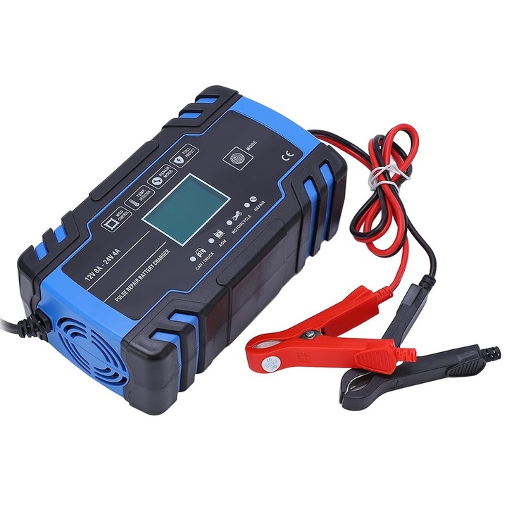 Digitális autós töltő, akkumulátor javítási és töltési funkcióval, 12V 8A - 24V 4A, max 130W, LCD érintőképernyő, fekete-kék színű