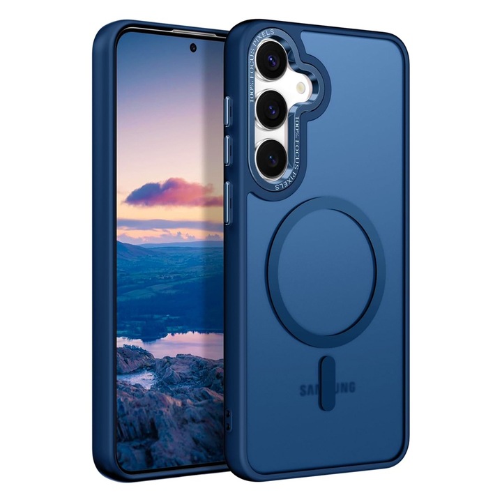 Защитен калъф IcyAura, съвместим със Samsung Galaxy S25 Plus, удароустойчив, копринено гладък силикон, защита срещу пръстови отпечатъци, ултрабезопасна защита на камерата, функция MagSafe, модерен дизайн, син