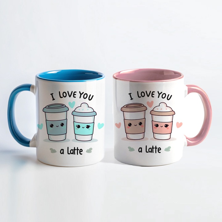 Set 2 cani cu tema de dragoste "I love you a latte", Ziua Indragostitilor, idee cadou Valentine's day, Iubire, Sfantul Valentin, Dragobete, ceramica, roz si turcoaz, 350ml