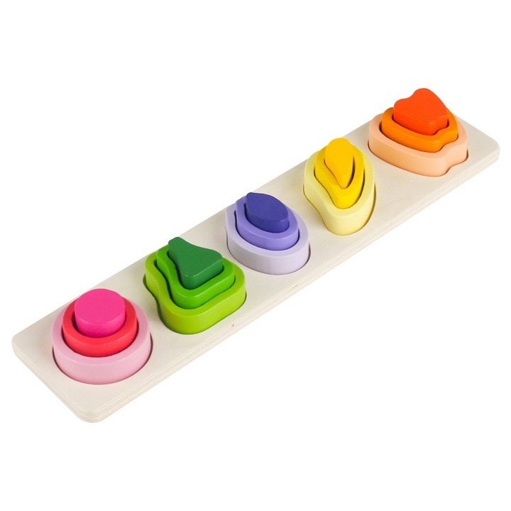 Montessori fajáték, puzzle típusú, 5 aszimmetrikus formával, 15 db, gyümölcsmintás, oktató, interaktív, kreatív, nem mérgező anyagok, +2 év, 29x6,5 cm, többszínű