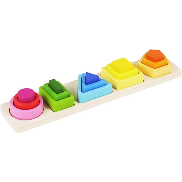 Montessori fajáték, puzzle típusú, 5 aszimmetrikus formával, 15 db, oktató, interaktív, kreatív, geometrikus forma modell, nem mérgező anyagok, +2 év, 29x6,5 cm, többszínű