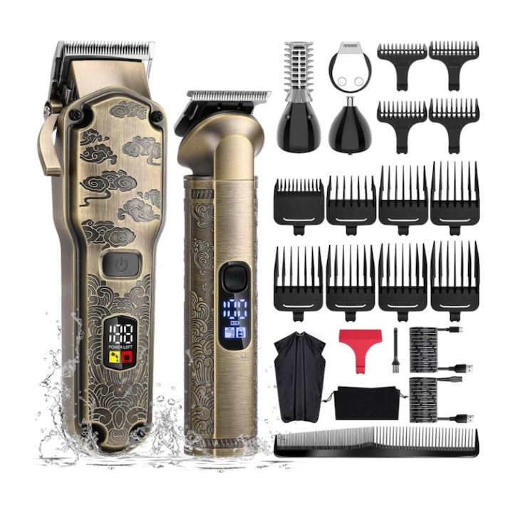 Masina de tuns si aparat de ras, profesionala, trimmer cu lama T pentru par/barba/par corporal/nas, cu acumulator, afisaj LED, set, rezistent la apa, retro, auriu