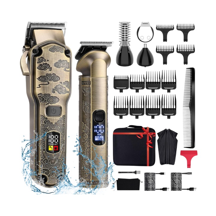 Masina de tuns si aparat de ras, profesionala, trimmer cu lama T pentru par/barba/par corporal/nas, cu acumulator, afisaj LED, set, rezistent la apa, retro, auriu