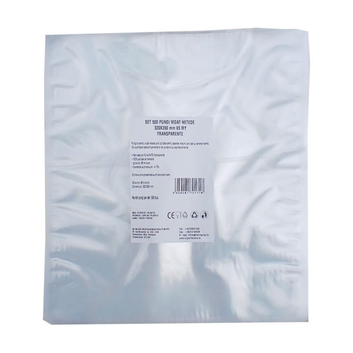 Pungi vidat/vacuum netede, pentru masini de vidat cu camera, 320X350 mm, grosime 65 microni, transparente, set 500 bucati