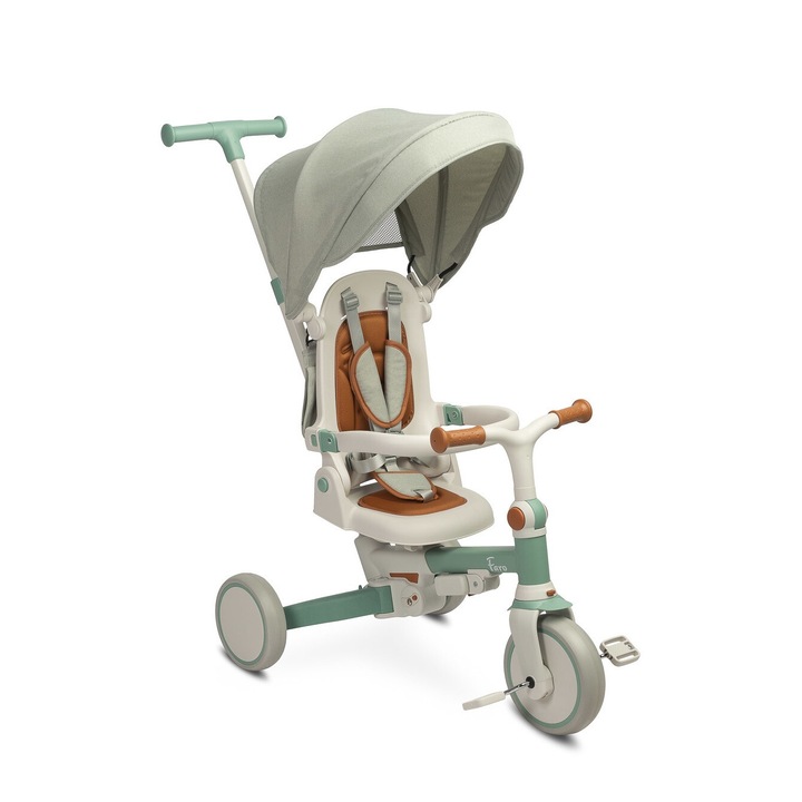 Gyermek tricikli, Toyz, Faro, Összecsukható, Többfunkciós, 25 kg-ig, Dönthető háttámla, Levehető és 4 pozícióban állítható fogantyú, Állítható kormánykerék, Lehajtható lábtartó, 1, 5-6 éves, Zöld