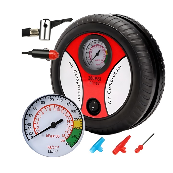 Автомобилен въздушен компресор във формата на гума, eSimplu®, 12V, 260 PSI, 20l/минута, помпа за помпане на гуми, колела или топки за велосипед, черно-червен