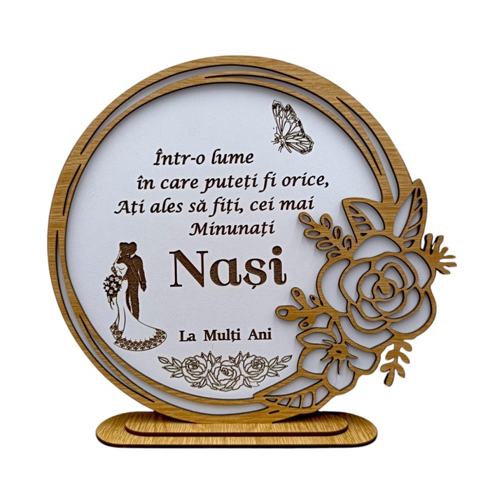 Decoratiune tablou cu rama trandafir, cadou personalizat cu mesaj standard pentru Nasi dimensiune 22cm, alb