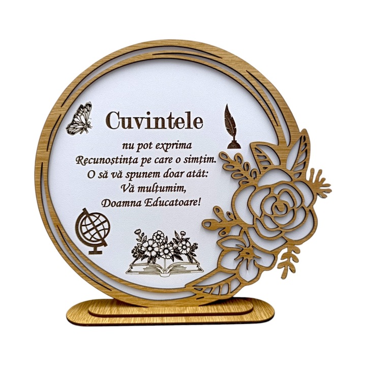 Decoratiune tablou cu rama trandafir, cadou personalizat cu mesaj standard pentru "Doamna Educatoare" 22cm, alb