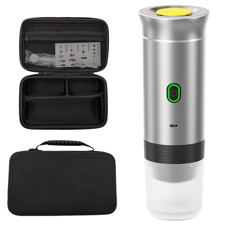 Cafetiera portabila Walking Coffee 3in1 cu geanta de transport, argintiu, functie de incalzire a apei, poate fi folosita cu capsule (compatibile Nespresso si Dolce Gusto) si cafea macinata, 1 buc.