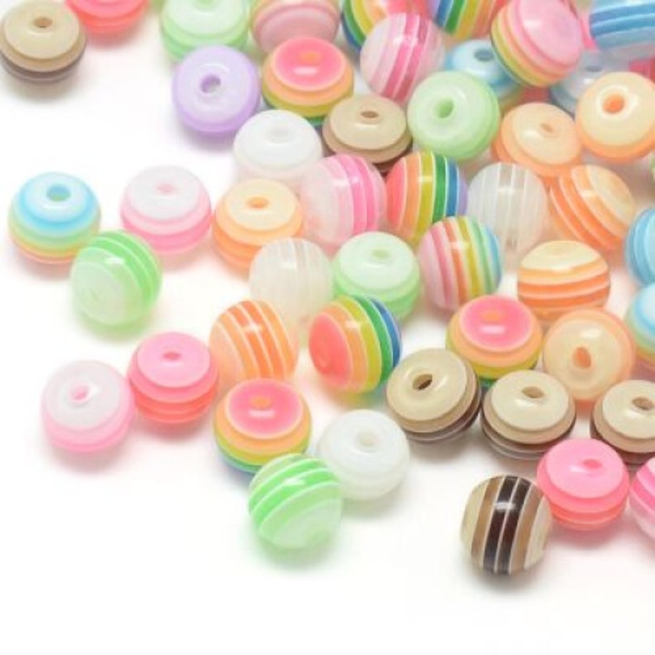 Set 50 buc Margele rotunde dungi rasina 6mm multicolore pentru artizanat furnituri handmade ateliere creative insirat pe ata multicolore colorate bile