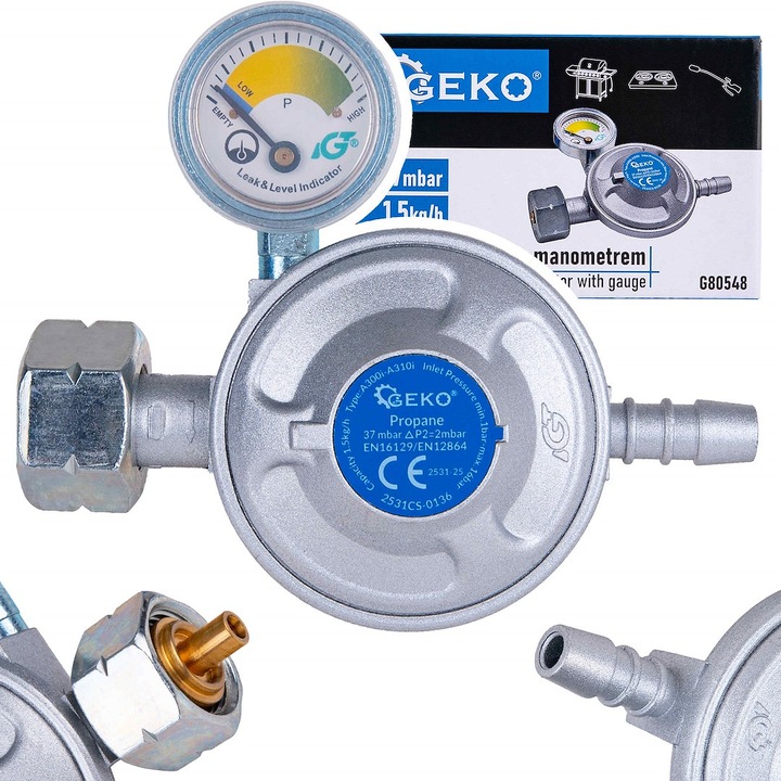Propán-bután gázcsökkentő nyomásmérővel, 37 mbar, 1, 5 kg / h, Geko G80548