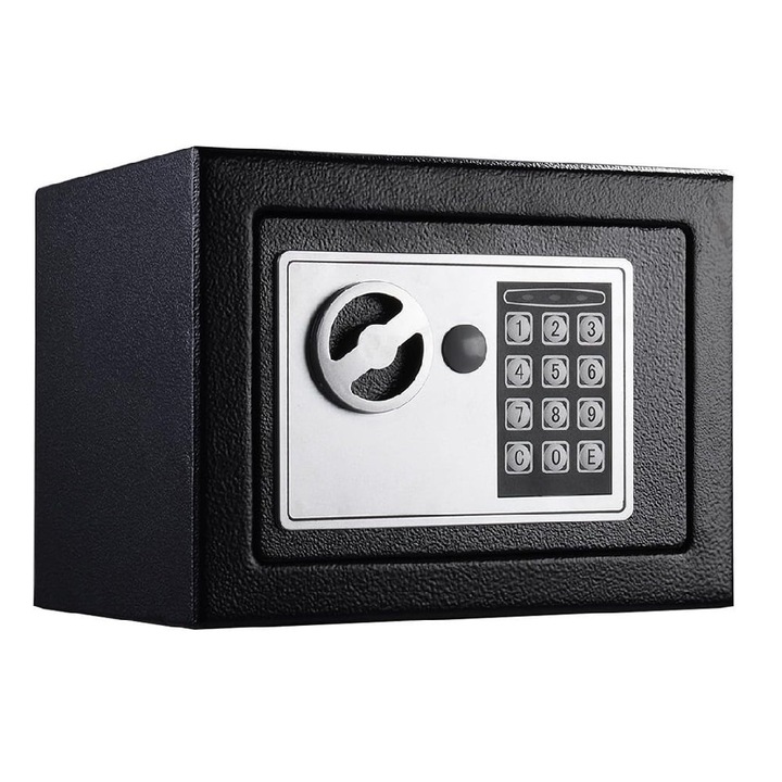 Mini seif electronic, cu set de chei si cifru digital, din otel, 23x17x17 cm, negru