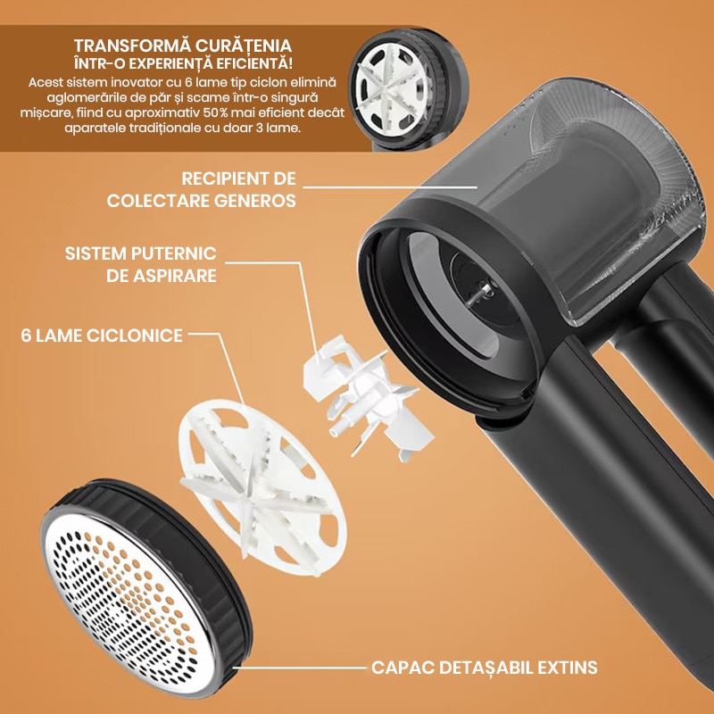 Aparat de Curatat Scame 2 in 1 Xenomo® LINT XPERT, 6 Lame, 3 Nivele Ajustabile, Perie de Scame Inclusa, Display LED, Autonomie Ridicata, Incarcare USB