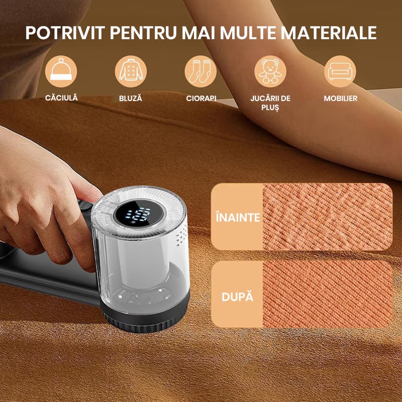 Aparat de Curatat Scame 2 in 1 Xenomo® LINT XPERT, 6 Lame, 3 Nivele Ajustabile, Perie de Scame Inclusa, Display LED, Autonomie Ridicata, Incarcare USB