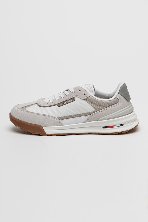 Tommy Hilfiger, Pantofi sport de material textil cu captuseala de piele intoarsa, Alb/Gri deschis/Maro taupe deschis