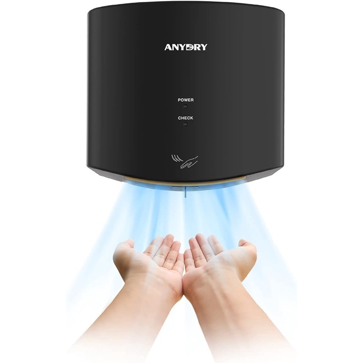 Uscator de Maini anydry 2630S, Compact, Electric, Automat, Montare pe Perete, pentru Uz Comercial sau Privat, 1400-1650W, Negru