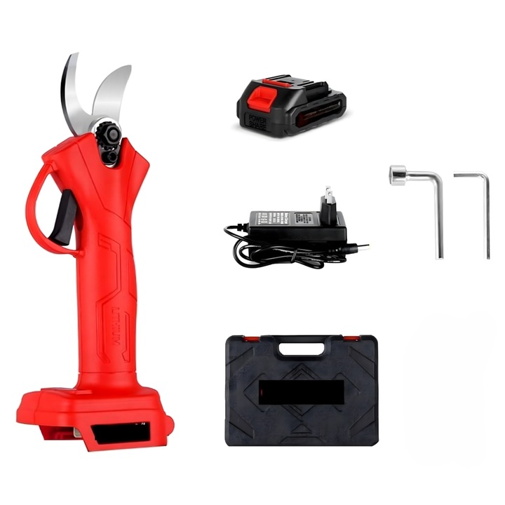 Електрическа градинска ножица с батерия за лози и клони, Zola, 48 V, регулируем режещ нож 25-30 мм, нож от неръждаема стомана, Li-ion батерия, кутия за съхранение