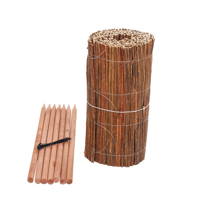 Gard de gradina din rachita, BOGATECO, set cu 7 stalpi, 30x300cm, natural