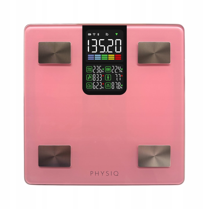 Testmérleg, Physiq, kompozíciós mérleg, iOS/Android, Bluetooth, üveg, LCD kijelző, súly/izomtömeg/csonttömeg/BMI, kg/súly, 30 cm x 30 cm x 2,5 cm, rózsaszín