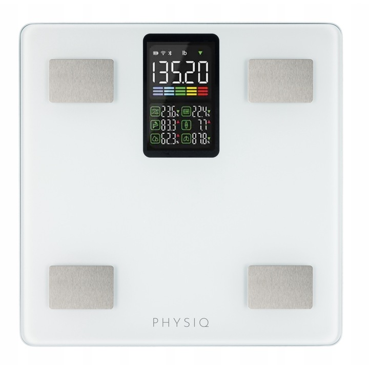 Testmérleg, Physiq, kompozíciós mérleg, iOS/Android, Bluetooth, üveg, LCD kijelző, súly/izomtömeg/csonttömeg/BMI, kg/súly, 30 cm x 30 cm x 2,5 cm, fehér