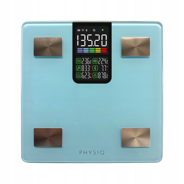 Testmérleg, Physiq, kompozíciós mérleg, iOS/Android, Bluetooth, üveg, LCD kijelző, súly/izomtömeg/csonttömeg/BMI, kg/súly, 30 cm x 30 cm x 2,5 cm, kék