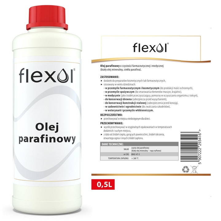 Flexol Gyógyszerészeti Paraffin Olaj 100% Tisztaságú, 0,5L – Bőr- és Testápoláshoz, Laxatív Használatra