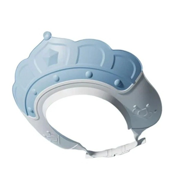 Душ шапка, От Fitilomania, Предотвратява стичането на вода и шампоан по лицето, 0-12 години, Регулируема, от TPE+PP, 20 x 23 см, Модел Корона, Син