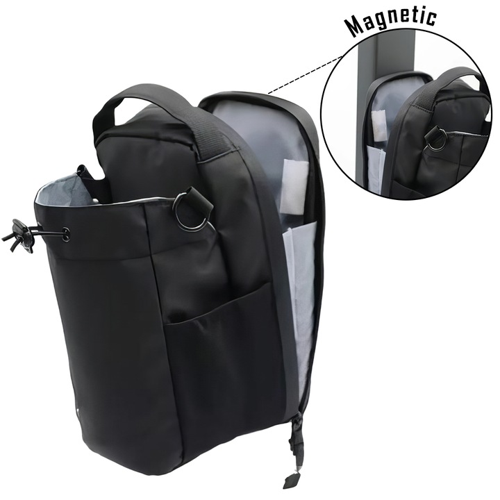 Geanta pentru sala cu prindere magnetica si cu bretea, de mana, umar sau crossbody, neagra, compartiment sticla de apa, buzunare laterale si buzunar cu fermoar, Casamoni