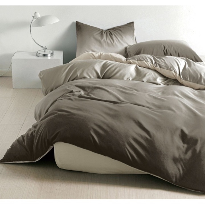 Lenjerie de Pat, Cearsaf cu Elastic, Finet, 1 Persoana, 4 Piese, Imprimeu Degrade, 140x200cm, Gri Inchis-Gri Deschis